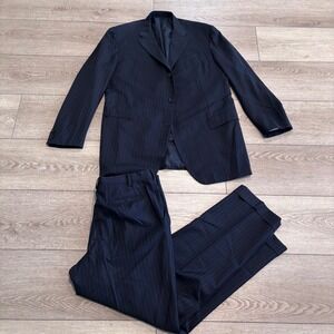 Barneys New York Suit Men 46L Navy Pinstripe Superfine 120s Wool Raffaele Caruso